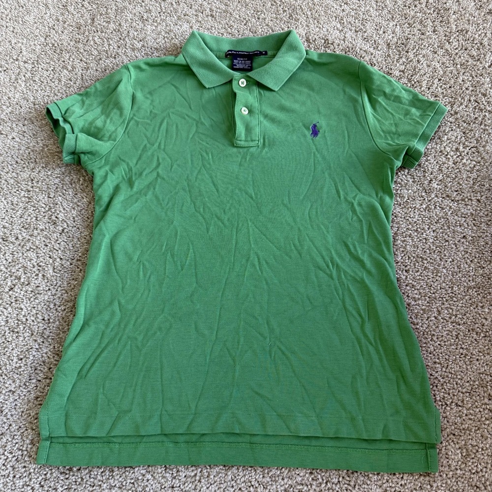 Ralph Lauren Sport Polo Shirt Womens M Green Logo Slim Fit Short Sleeve Top